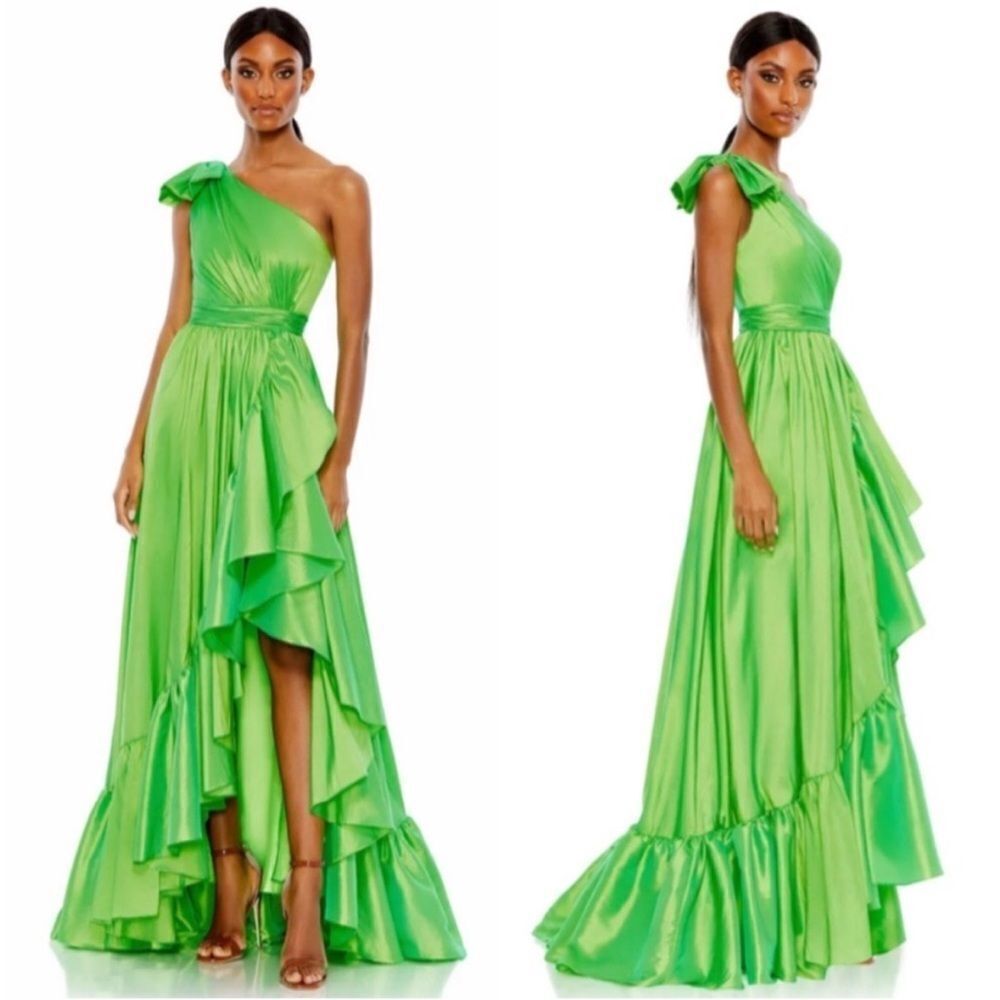 Mac Duggal 68027 NWT One Shoulder Bow Asymmetrical Hem Gown in Spring Green